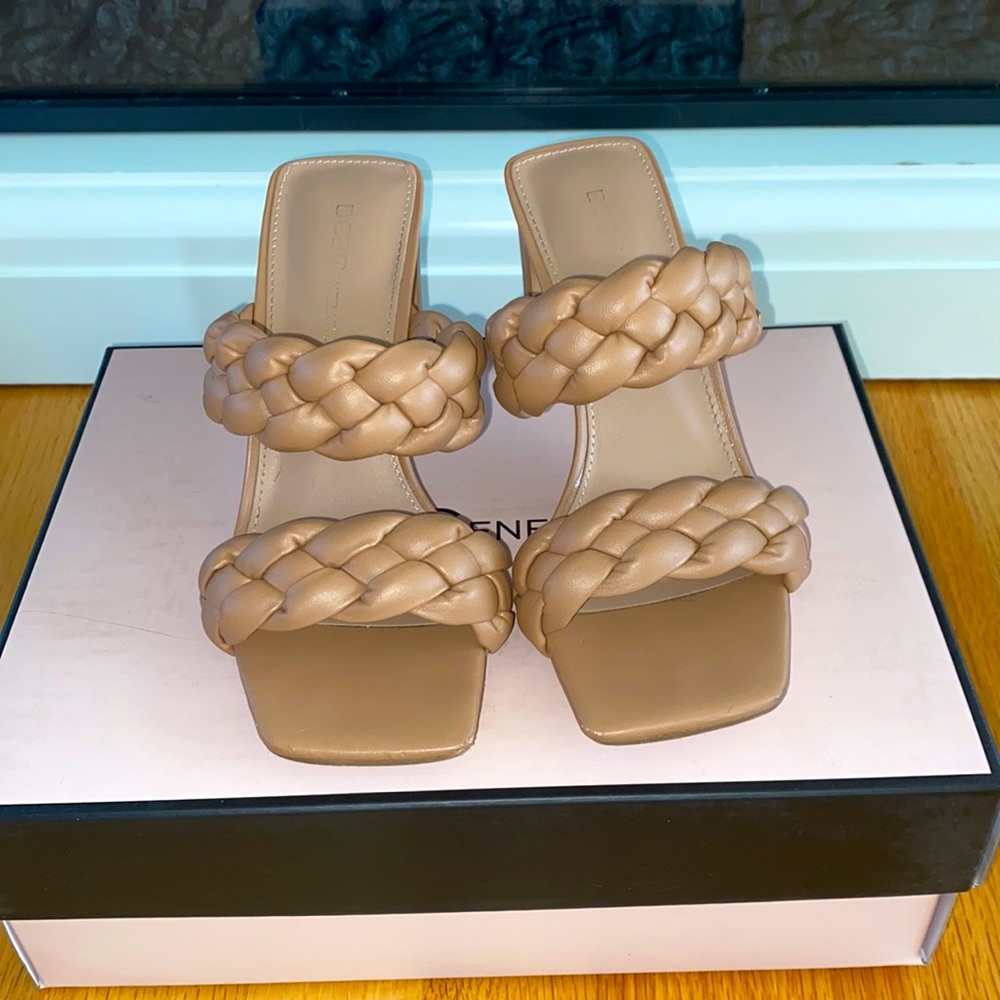 Tan dress sandal with chunky woven straps, slim block heel with square toe